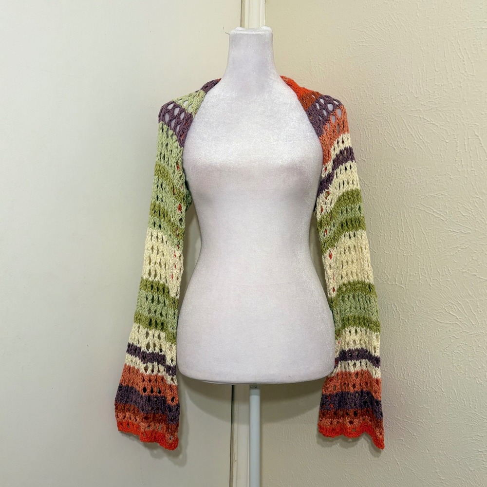 Green Orange Striped Crochet Open Knit Shrug Bolero Long Flare Sleeve Retro 70s
